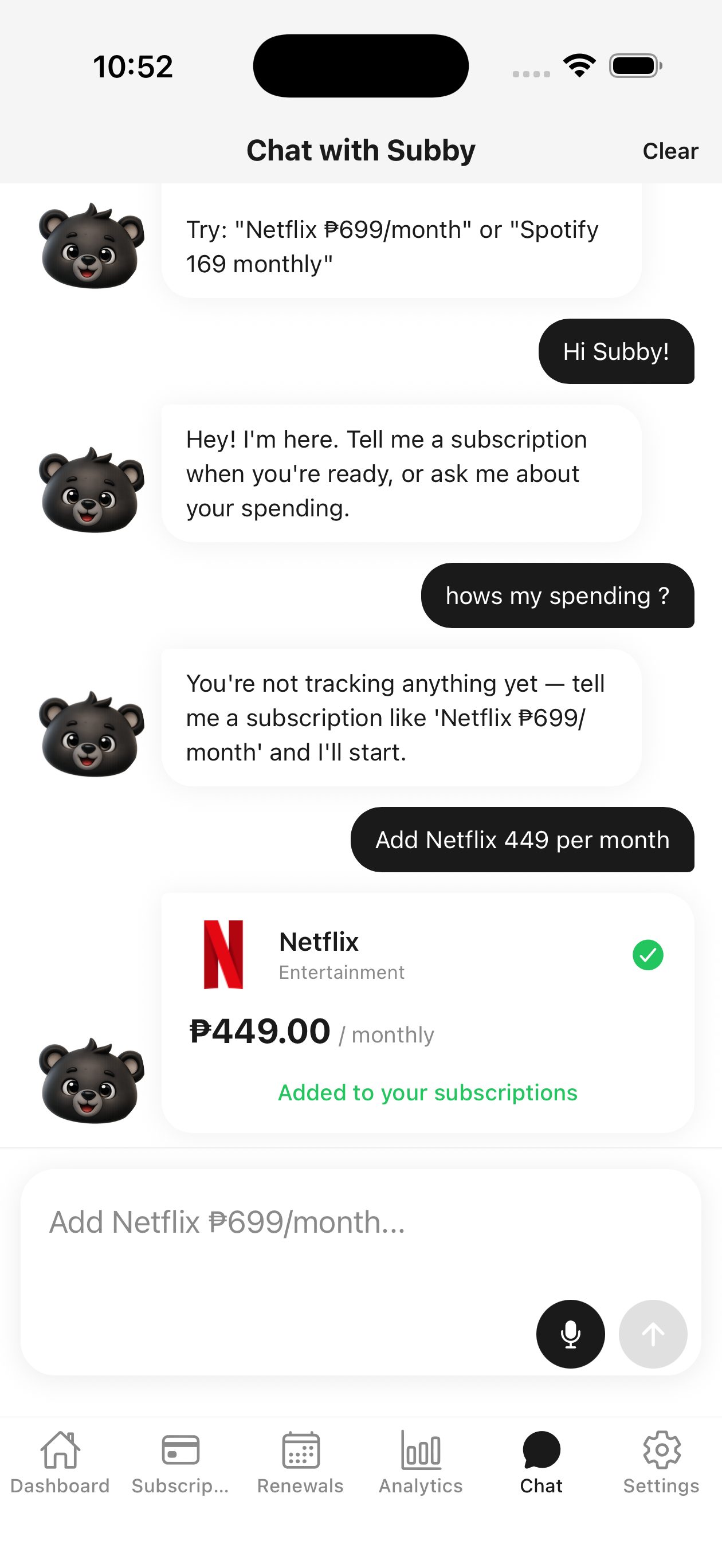 Chat with Subby, an in-app assistant that adds subscriptions from a sentence