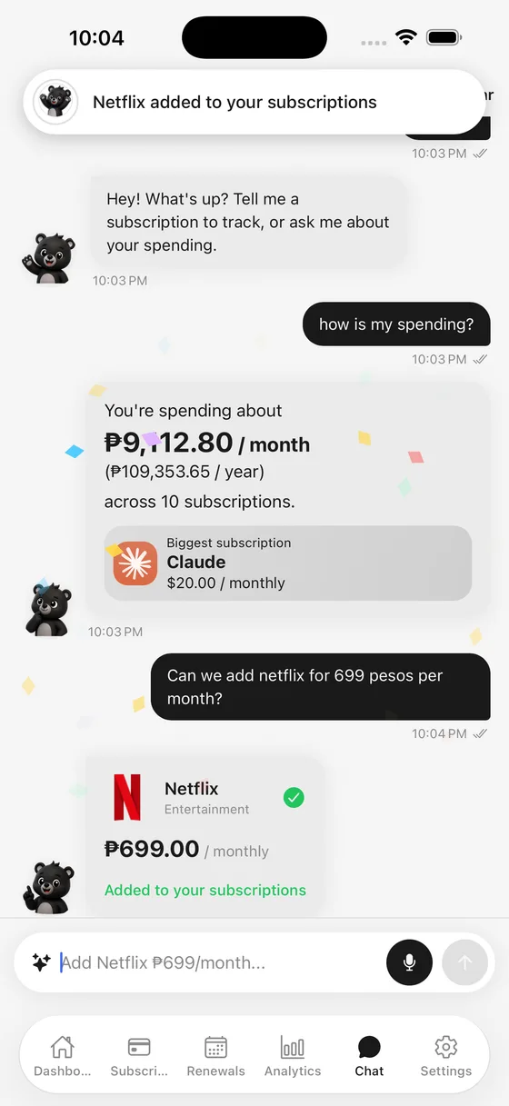 Chat with Sabsi, an in-app assistant that adds subscriptions from a sentence