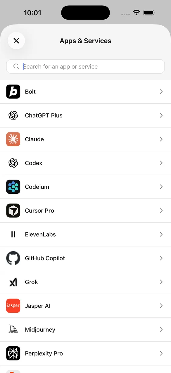 Apps and services picker for quick-adding a subscription