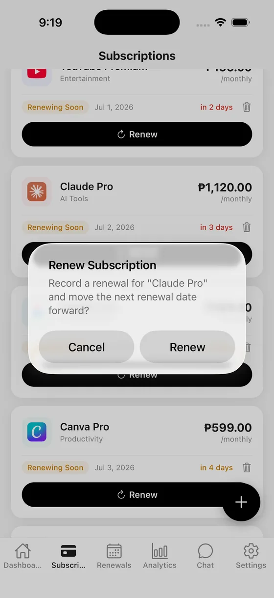 Renew subscription confirmation for Canva Pro